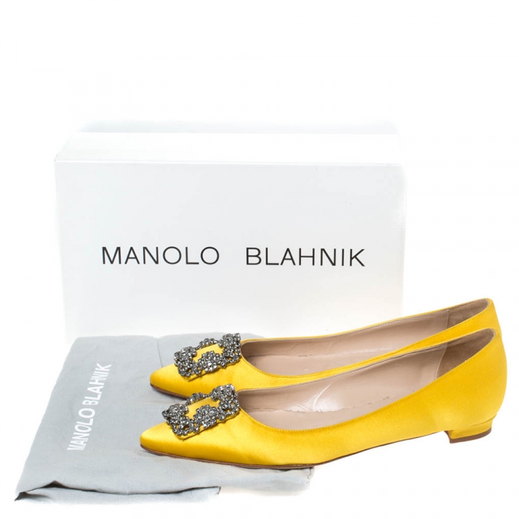 Pre Owned Manolo Blahnik Yellow Satin Hangisi Crystal Embellished Flats Size 38.5 