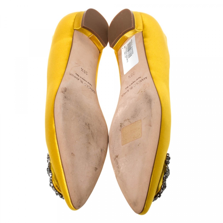 Pre Owned Manolo Blahnik Yellow Satin Hangisi Crystal Embellished Flats Size 38.5 