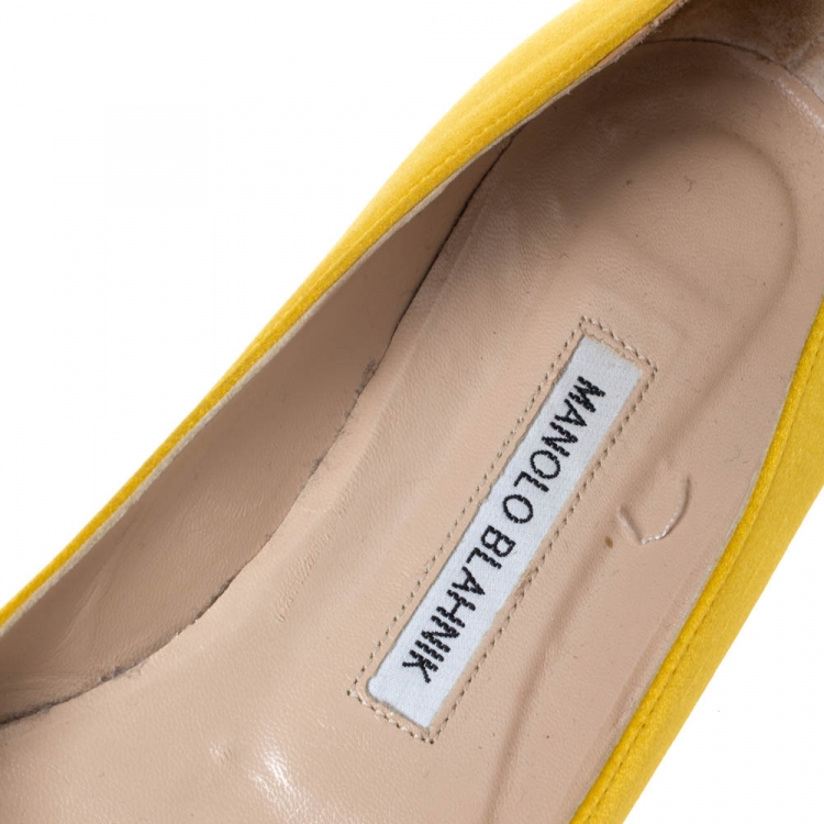Pre Owned Manolo Blahnik Yellow Satin Hangisi Crystal Embellished Flats Size 38.5 