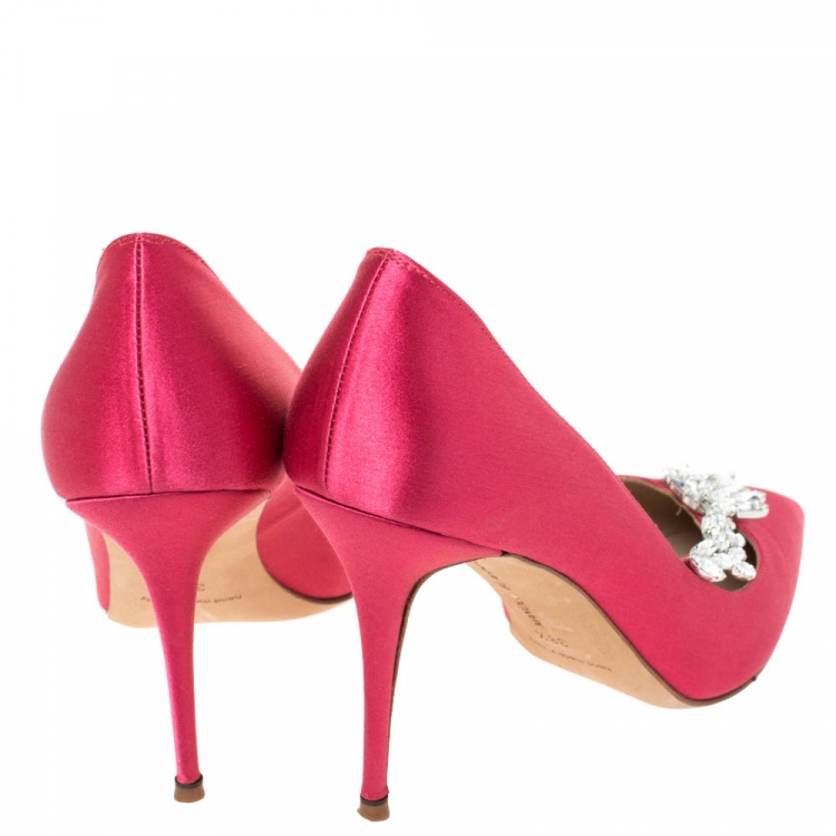 Pre Owned Manolo Blahnik Pink Satin Jewel Embellished Nadira Pumps Size 38.5