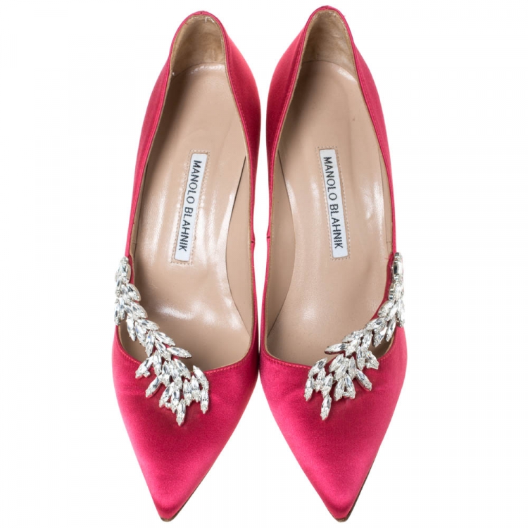 Pre Owned Manolo Blahnik Pink Satin Jewel Embellished Nadira Pumps Size 38.5