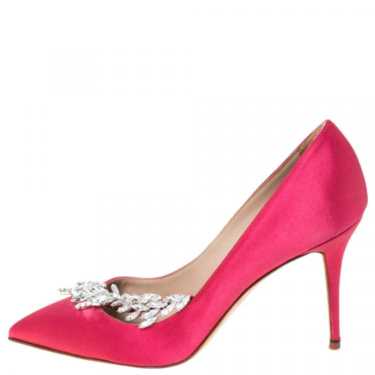 Pre Owned Manolo Blahnik Pink Satin Jewel Embellished Nadira Pumps Size 38.5