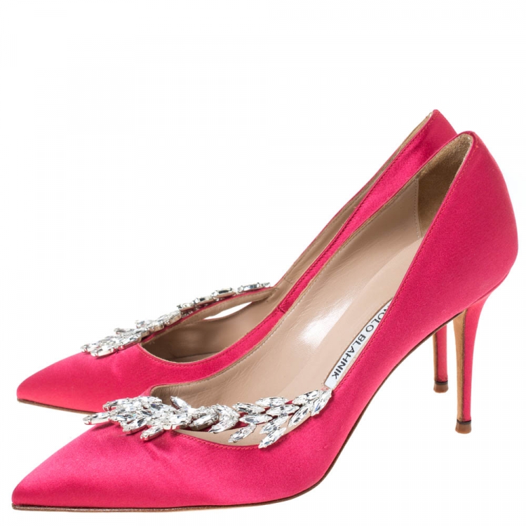 Pre Owned Manolo Blahnik Pink Satin Jewel Embellished Nadira Pumps Size 38.5