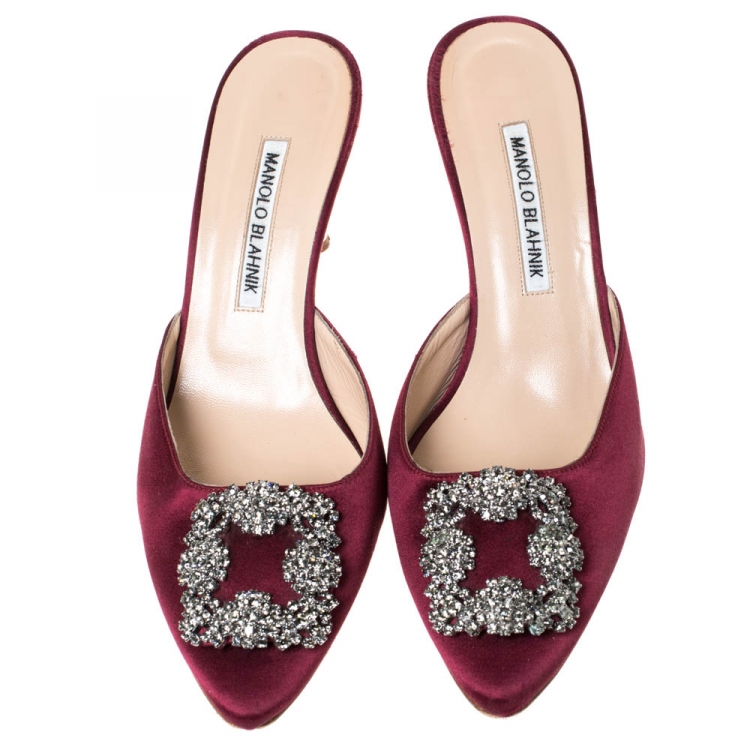 Pre Owned Manolo Blahnik Red Satin Hangisi Pointed Toe Mules Size 38