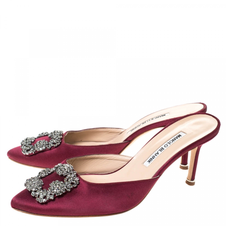 Pre Owned Manolo Blahnik Red Satin Hangisi Pointed Toe Mules Size 38