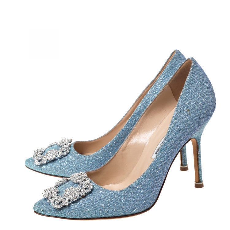 Pre Owned Manolo Blahnik Blue Holographic Glitter Fabric Hangisi Crystal Embellished Pumps Size 37.5