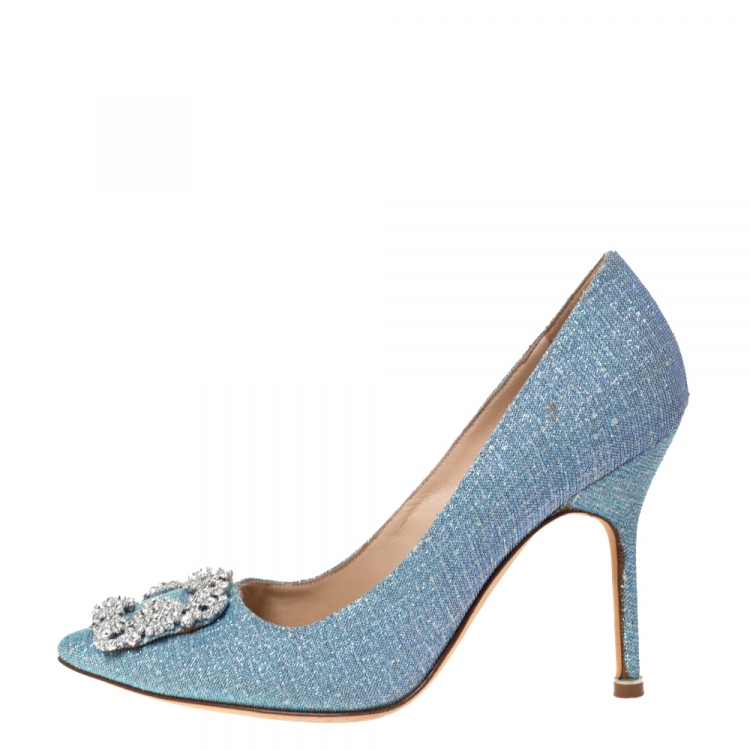 Pre Owned Manolo Blahnik Blue Holographic Glitter Fabric Hangisi Crystal Embellished Pumps Size 37.5