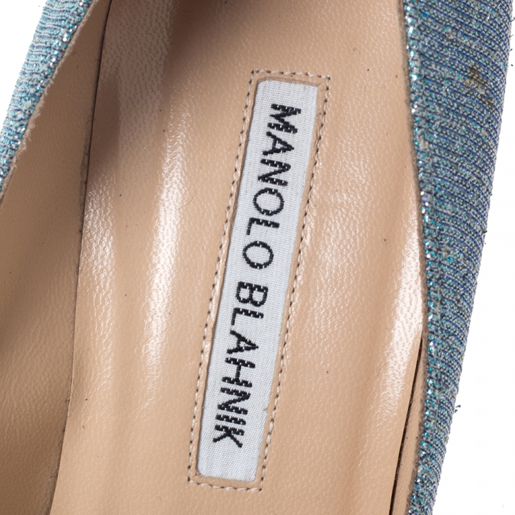Pre Owned Manolo Blahnik Blue Holographic Glitter Fabric Hangisi Crystal Embellished Pumps Size 37.5