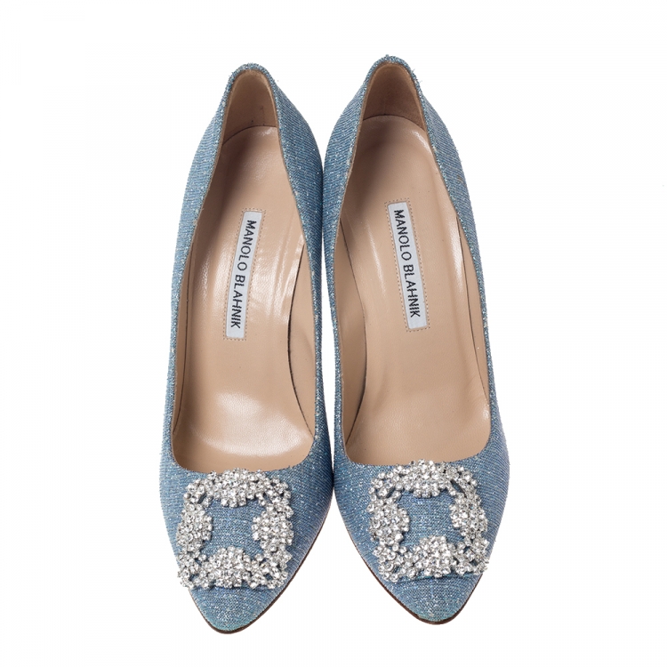 Pre Owned Manolo Blahnik Blue Holographic Glitter Fabric Hangisi Crystal Embellished Pumps Size 37.5