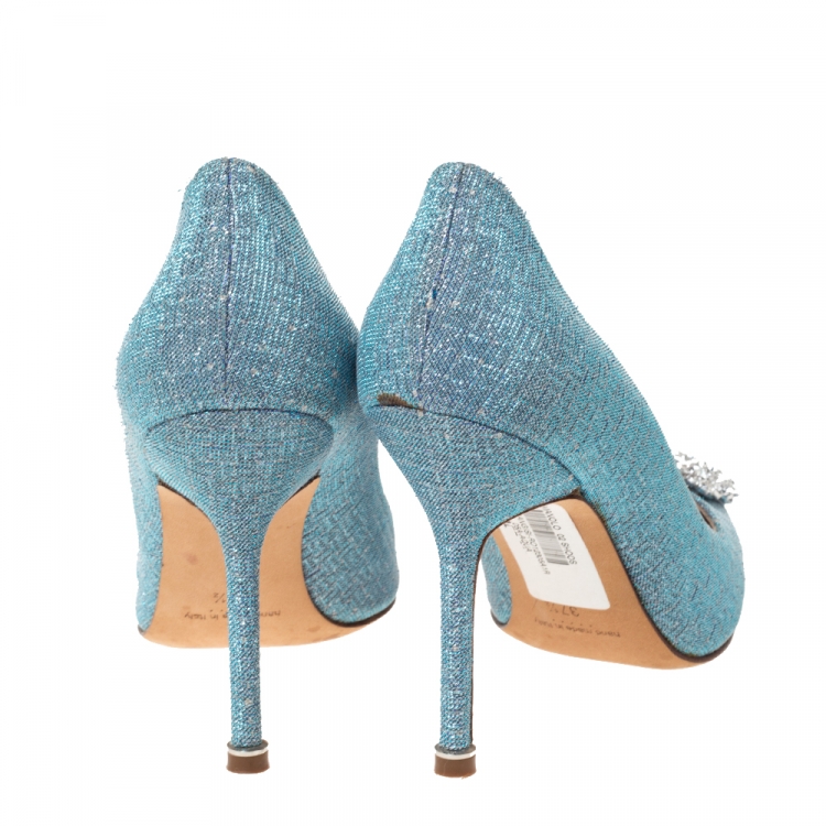 Pre Owned Manolo Blahnik Blue Holographic Glitter Fabric Hangisi Crystal Embellished Pumps Size 37.5