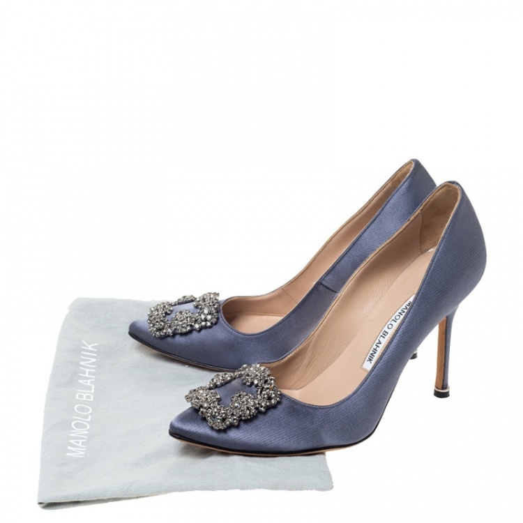 Pre Owned Manolo Blahnik Metallic Ash Grey Satin Hangisi Crystal Embellished Pumps Size 37.5