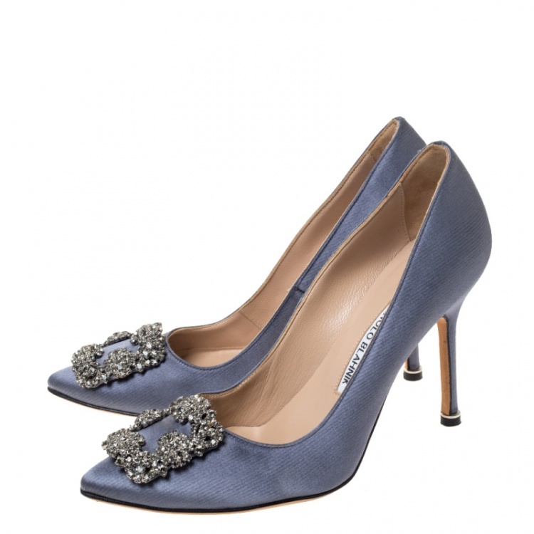 Pre Owned Manolo Blahnik Metallic Ash Grey Satin Hangisi Crystal Embellished Pumps Size 37.5