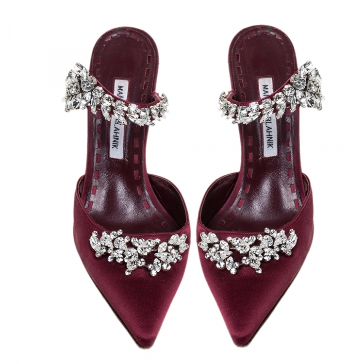 Pre Owned Manolo Blahnik Burgundy Satin Lurum Crystal Embellished Pointed Toe Sandals Size 40