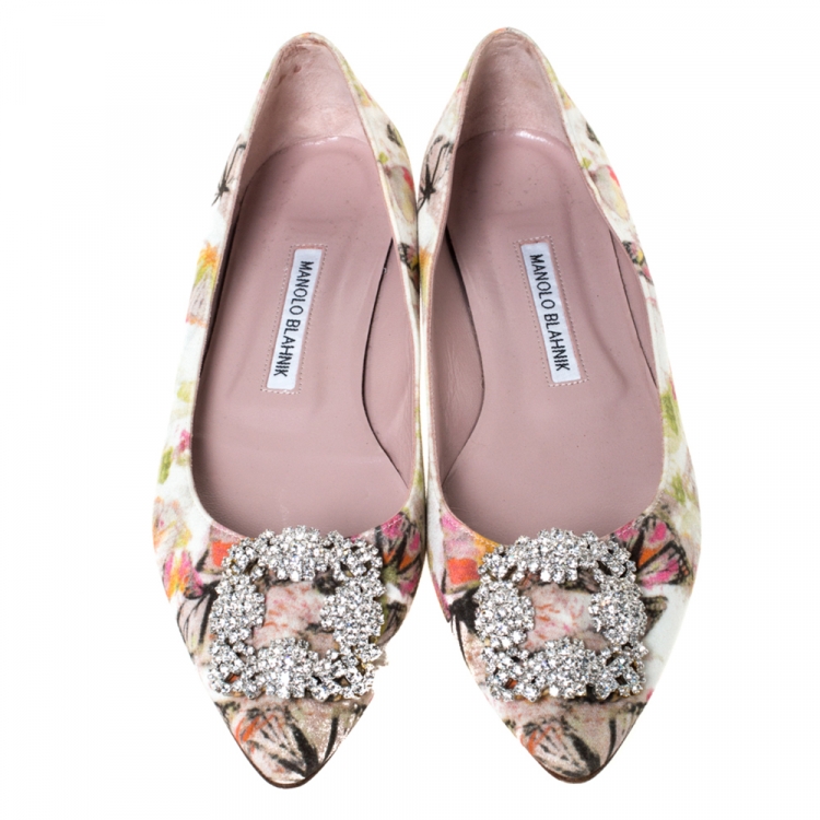 Pre Owned Manolo Blahnik White Butterfly Print Satin Hangisi Crystal Embellished Ballet Flats Size 37.5