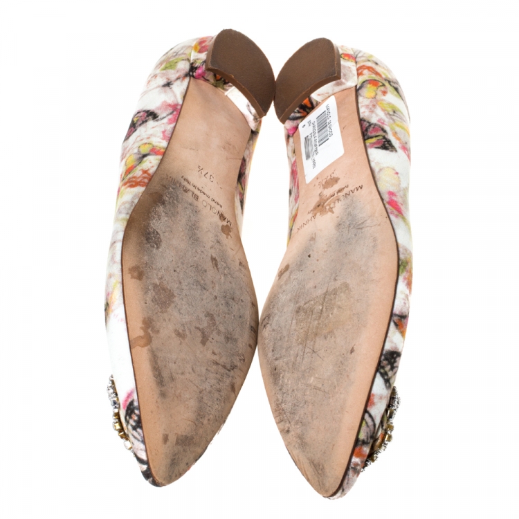 Pre Owned Manolo Blahnik White Butterfly Print Satin Hangisi Crystal Embellished Ballet Flats Size 37.5