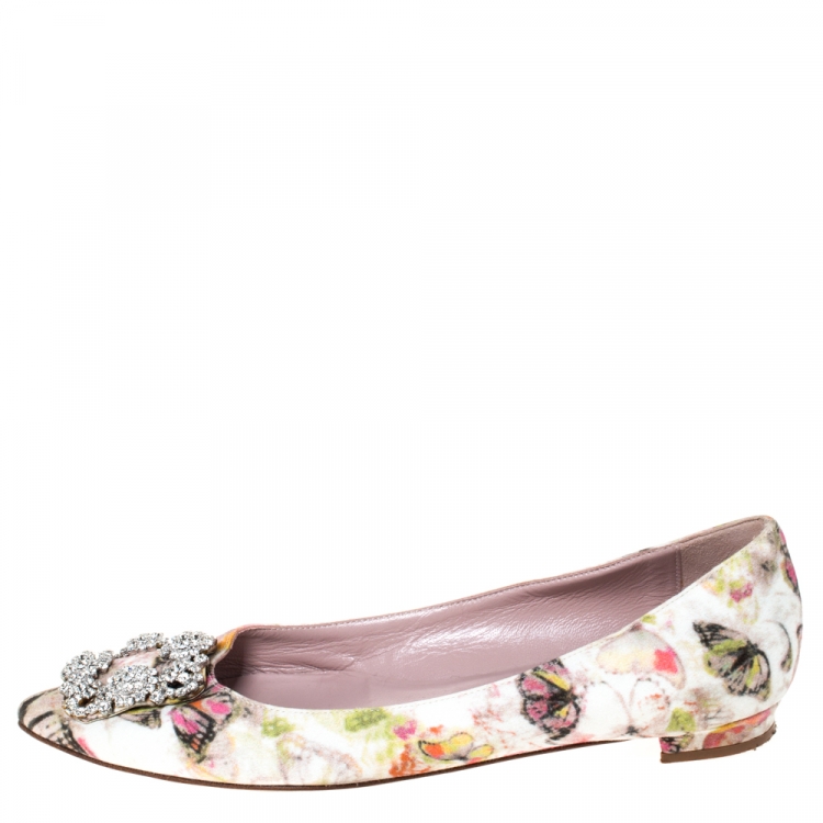 Pre Owned Manolo Blahnik White Butterfly Print Satin Hangisi Crystal Embellished Ballet Flats Size 37.5