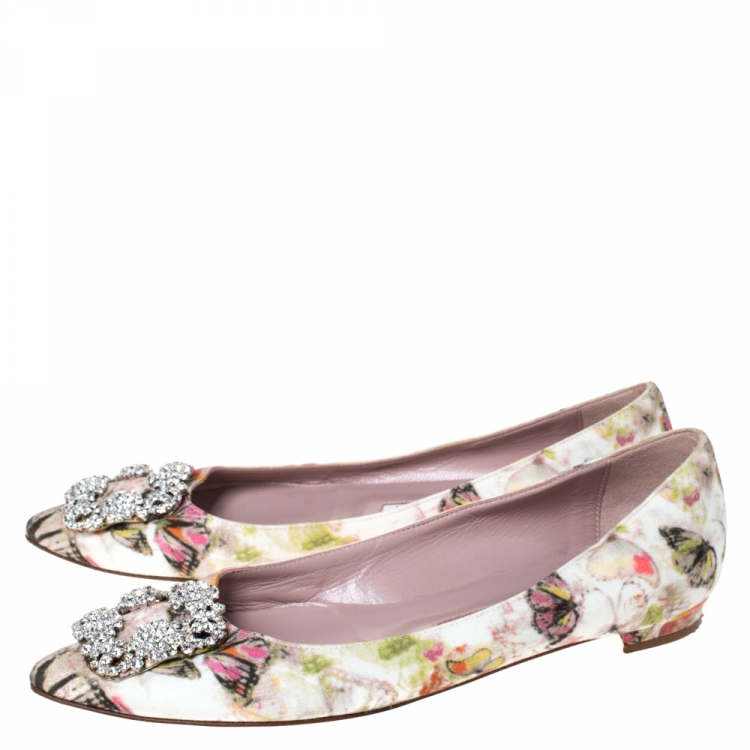 Pre Owned Manolo Blahnik White Butterfly Print Satin Hangisi Crystal Embellished Ballet Flats Size 37.5