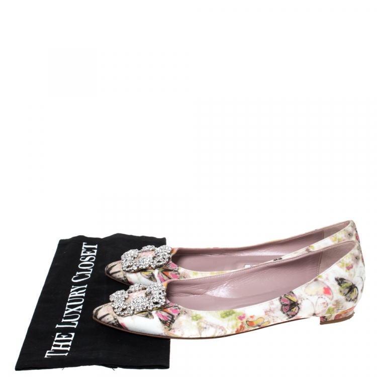 Pre Owned Manolo Blahnik White Butterfly Print Satin Hangisi Crystal Embellished Ballet Flats Size 37.5
