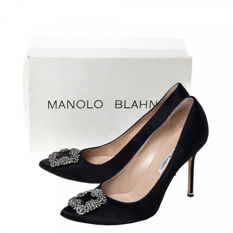 Pre Owned Manolo Blahnik Black Satin Hangisi Crystal Embellished Pumps Size 42