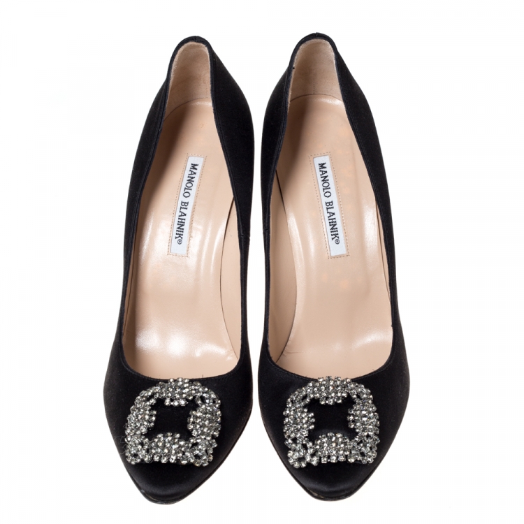Pre Owned Manolo Blahnik Black Satin Hangisi Crystal Embellished Pumps Size 42
