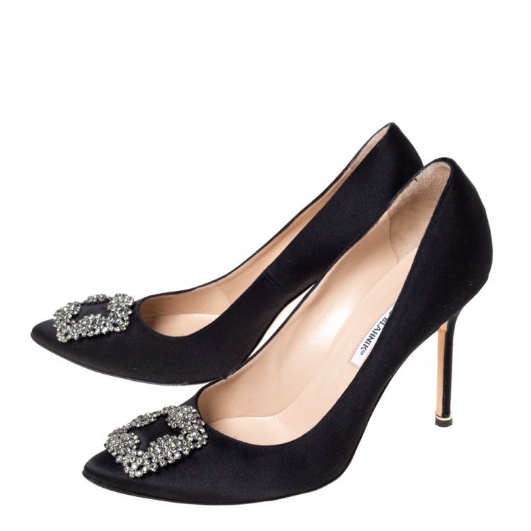 Pre Owned Manolo Blahnik Black Satin Hangisi Crystal Embellished Pumps Size 42
