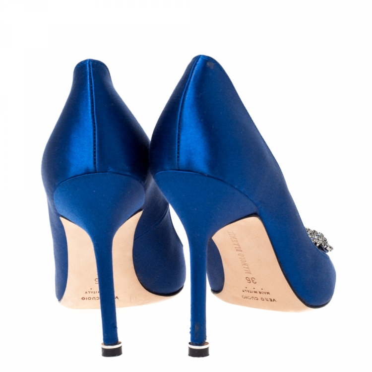 Pre Owned Manolo Blahnik Blue Satin Hangisi Crystal Embellished Pumps Size 36
