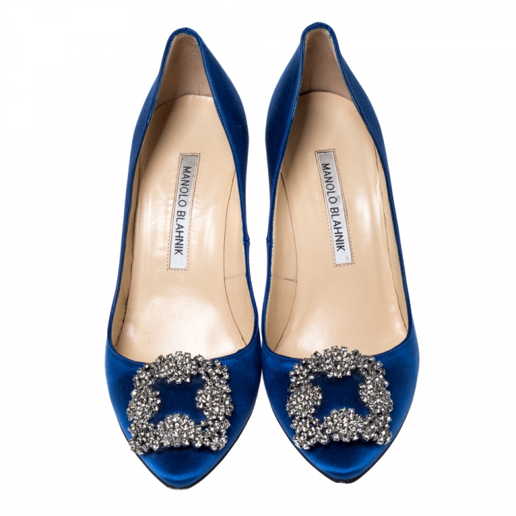 Pre Owned Manolo Blahnik Blue Satin Hangisi Crystal Embellished Pumps Size 36