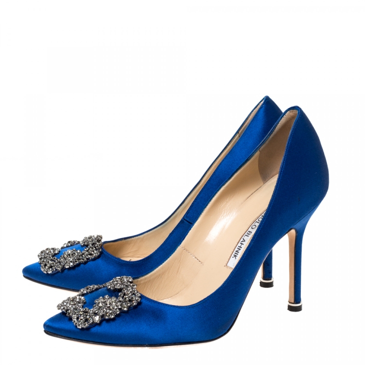Pre Owned Manolo Blahnik Blue Satin Hangisi Crystal Embellished Pumps Size 36