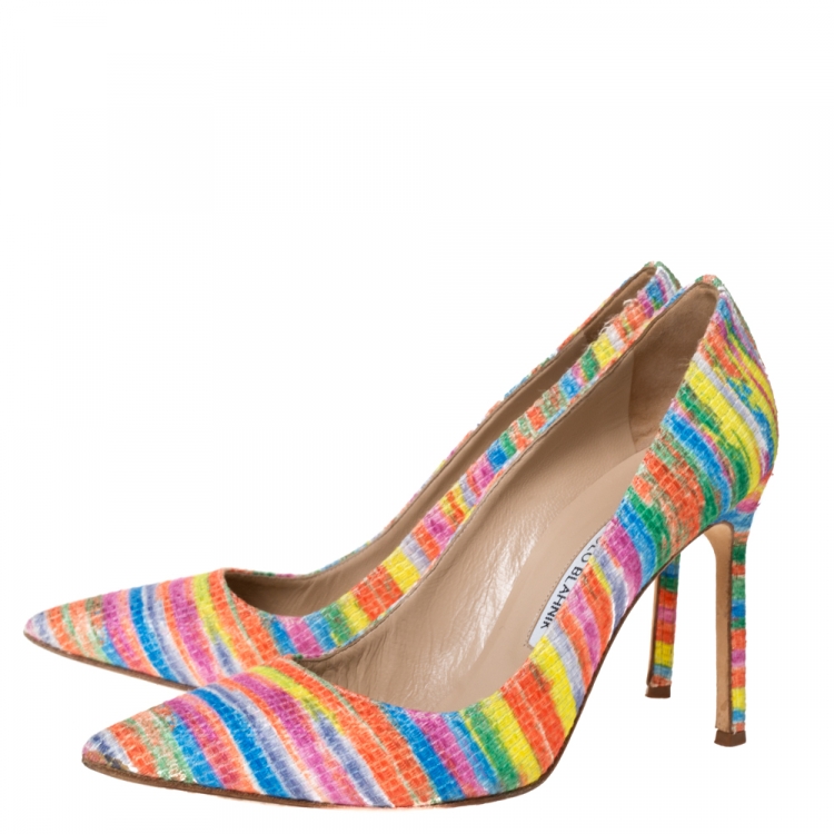 Pre Owned Manolo Blahnik Multicolor Rainbow Fabric BB Pumps Size 39.5