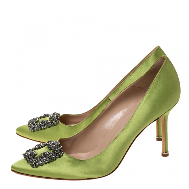 Pre Owned Manolo Blahnik Lime Green Satin Hangisi Pumps Size 41