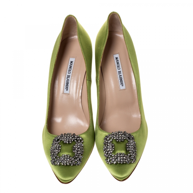 Pre Owned Manolo Blahnik Lime Green Satin Hangisi Pumps Size 41