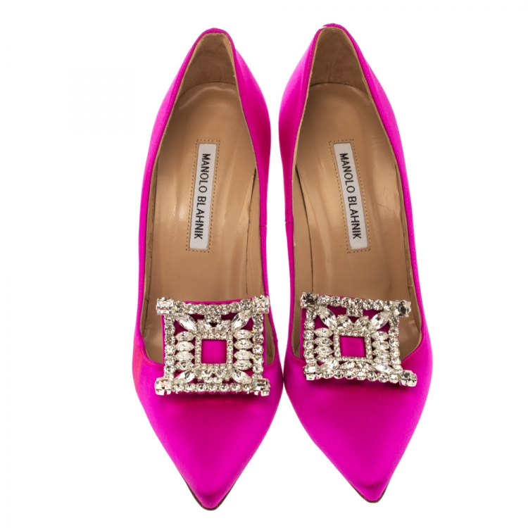 Pre Owned Manolo Blahnik Fuschia Crystal Embellished Satin Borlak Pumps Size 38
