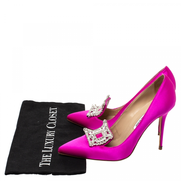 Pre Owned Manolo Blahnik Fuschia Crystal Embellished Satin Borlak Pumps Size 38