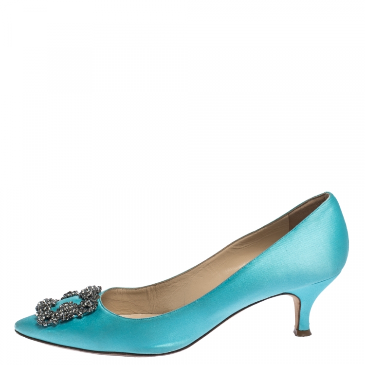 Pre Owned Manolo Blahnik Blue Satin Hangisi Crystal Embellished Pumps Size 39.5 