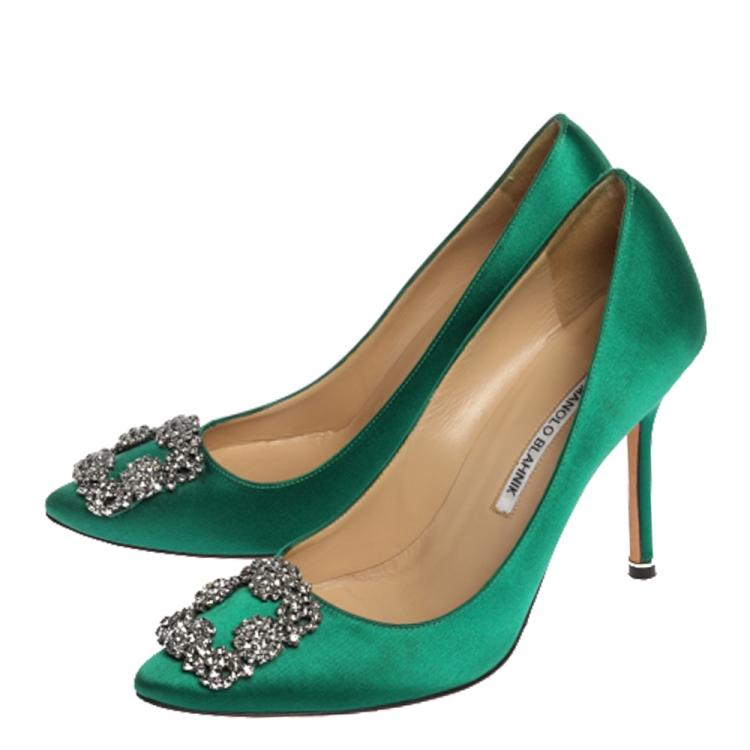 Pre Owned Manolo Blahnik Green Satin Hangisi Crystal Embellished Pumps Size 38.5