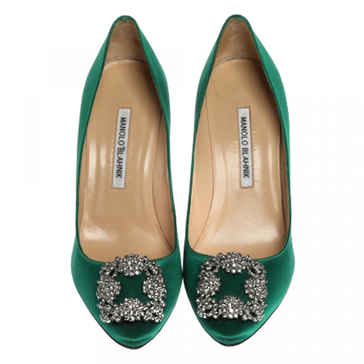 Pre Owned Manolo Blahnik Green Satin Hangisi Crystal Embellished Pumps Size 38.5
