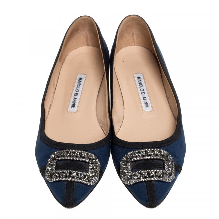 Pre Owned Manolo Blahnik Blue Fabric Hangisi Crystal Embellished Ballet Flats Size 39.5