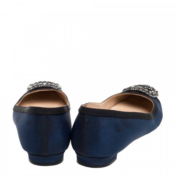 Pre Owned Manolo Blahnik Blue Fabric Hangisi Crystal Embellished Ballet Flats Size 39.5