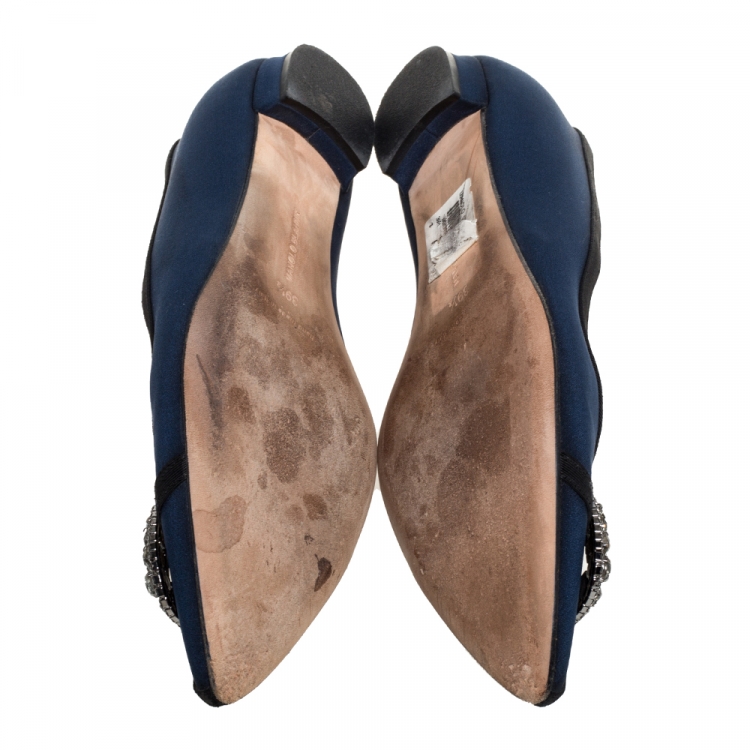 Pre Owned Manolo Blahnik Blue Fabric Hangisi Crystal Embellished Ballet Flats Size 39.5