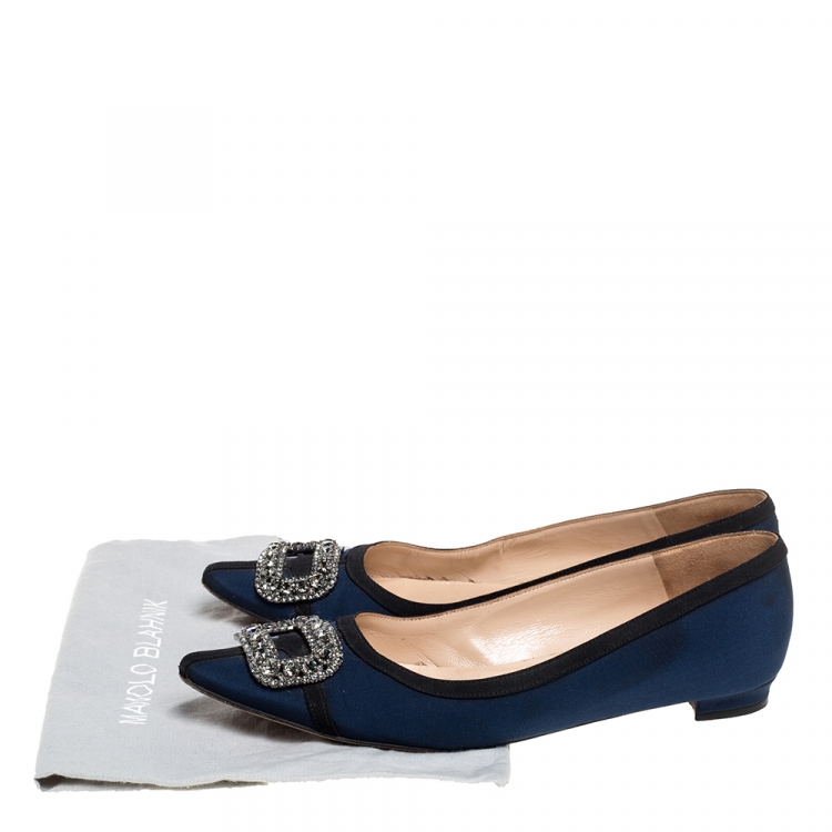 Pre Owned Manolo Blahnik Blue Fabric Hangisi Crystal Embellished Ballet Flats Size 39.5