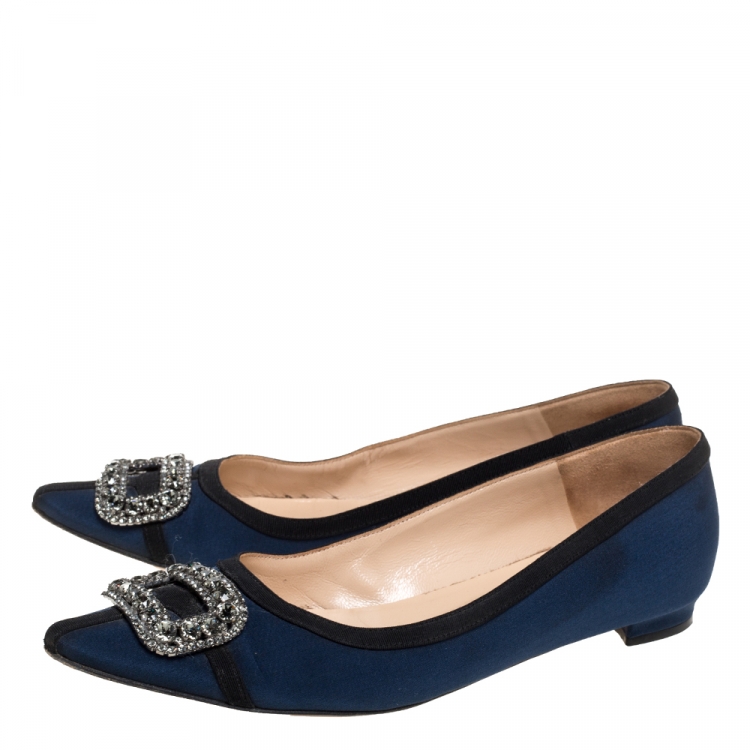 Pre Owned Manolo Blahnik Blue Fabric Hangisi Crystal Embellished Ballet Flats Size 39.5