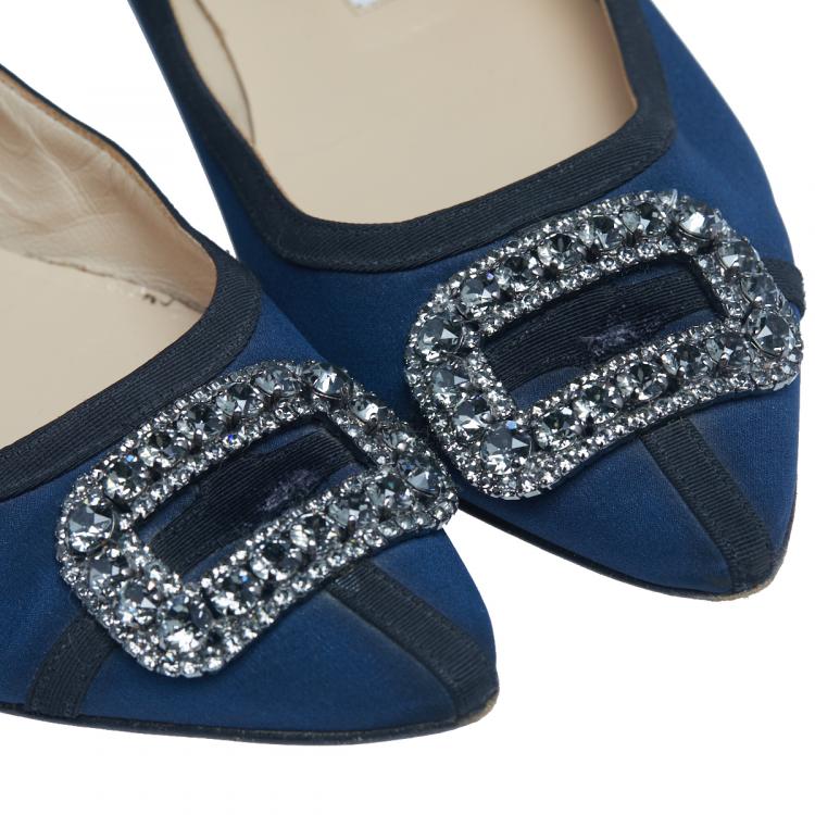 Pre Owned Manolo Blahnik Blue Fabric Hangisi Crystal Embellished Ballet Flats Size 39.5