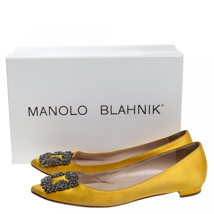 Pre Owned Manolo Blahnik Yellow Satin Hangisi Crystal Embellished Ballet Flats Size 37.5