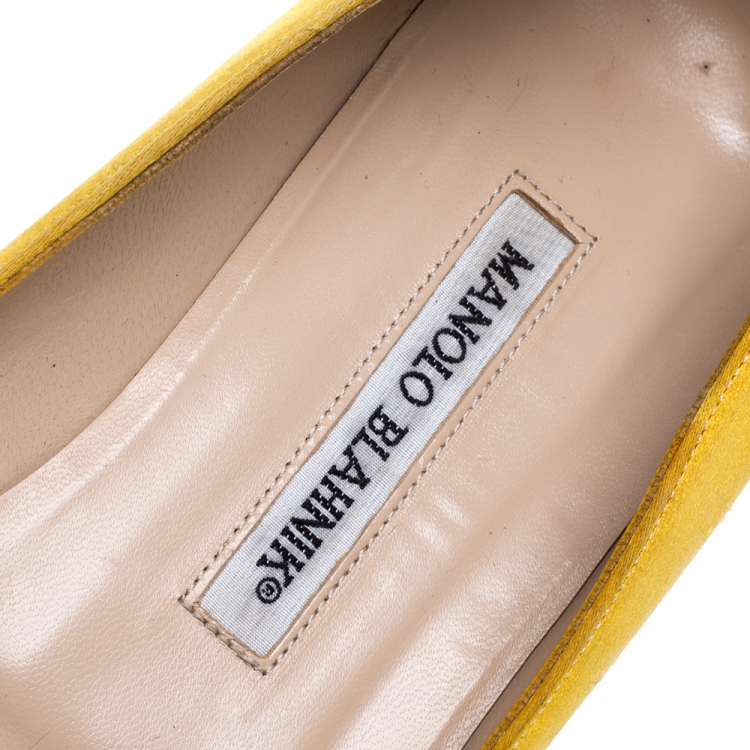 Pre Owned Manolo Blahnik Yellow Satin Hangisi Crystal Embellished Ballet Flats Size 37.5