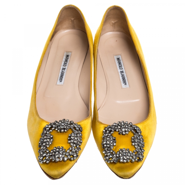 Pre Owned Manolo Blahnik Yellow Satin Hangisi Crystal Embellished Ballet Flats Size 37.5