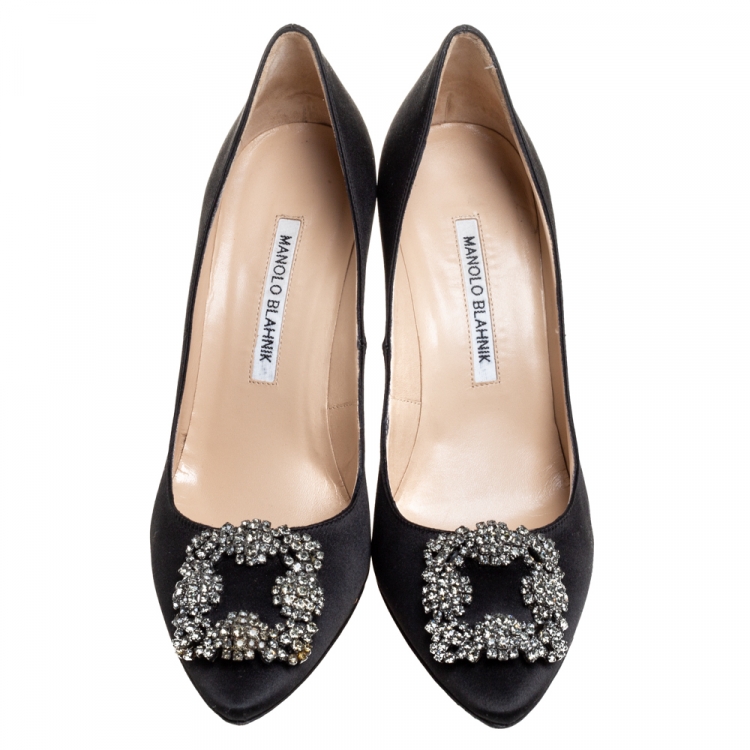 Pre Owned Manolo Blahnik Black Satin Hangisi Pumps Size 38