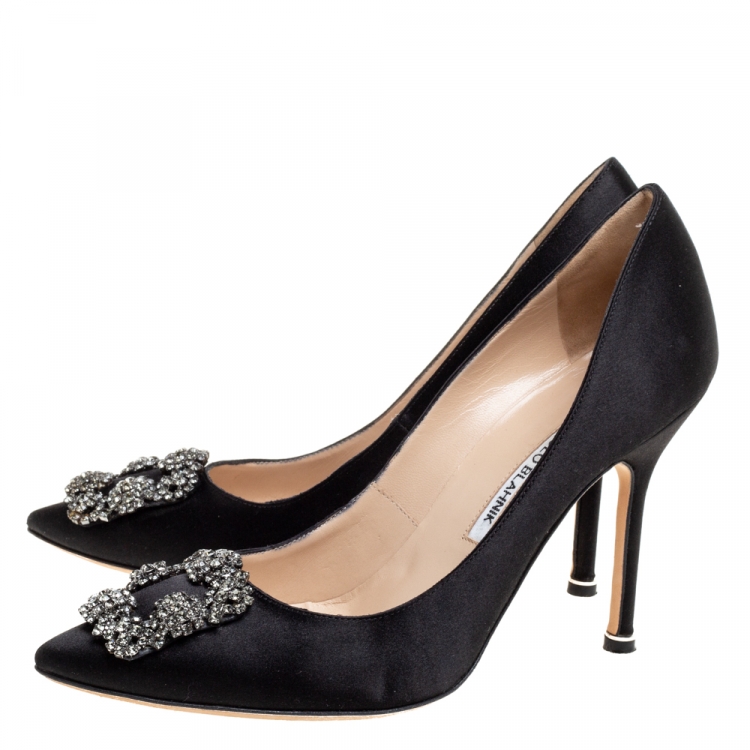 Pre Owned Manolo Blahnik Black Satin Hangisi Pumps Size 38
