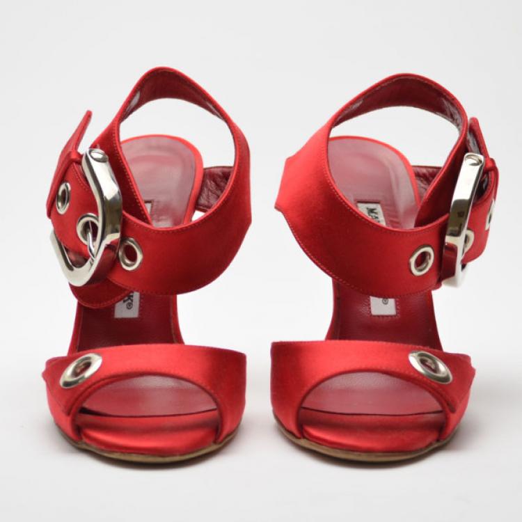 Pre Owned Manolo Blahnik Red Satin Buckled Sandals Size 38