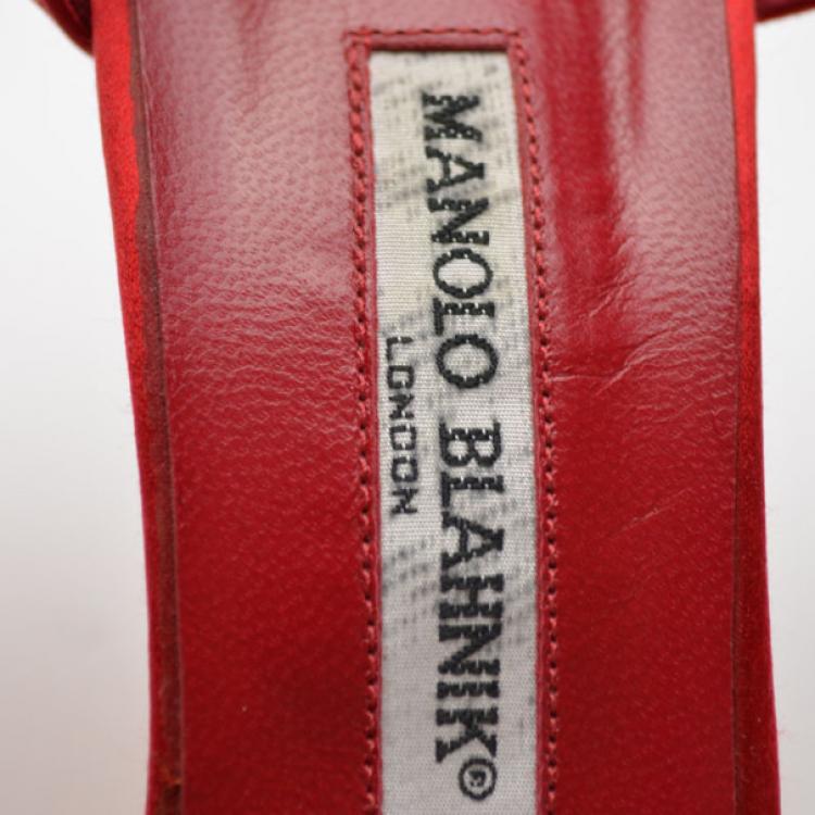 Pre Owned Manolo Blahnik Red Satin Buckled Sandals Size 38