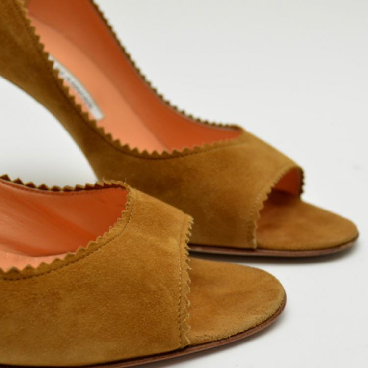 Pre Owned Manolo Blahnik Beige Suede Peep Toe Pumps Size 38